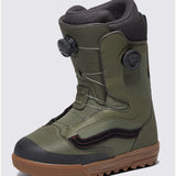 Vans Aura Pro Snowboard Boot 2024 - A green snowboard boot with a black stripe on the side and red stitching, featuring a brown sole.