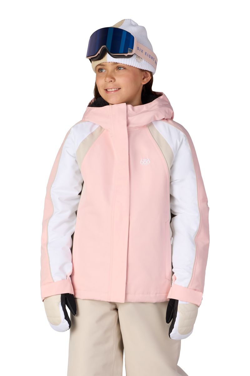 Girls' insulated hooded jacket, light pink with beige sleeves and front zip