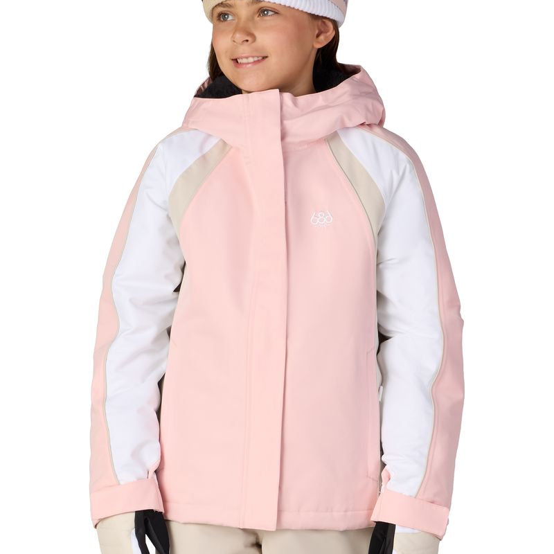 Girls' insulated hooded jacket, light pink with beige sleeves and front zip