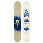 Arbor Women's Veda Snowboard 2026 - A light-colored wood grain snowboard with a dark blue graphic featuring a flower and leaves on the top half, and a circular logo with a tree in the center on the bottom half.