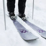 Volkl Women's Kenja 88 Skis 2024 - White skis with purple logo on top of bindings.