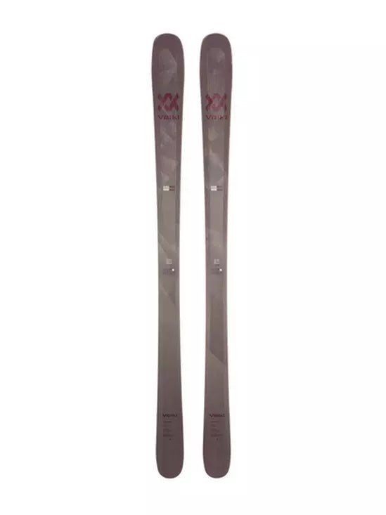 Volkl Women's Yumi 80 Skis 2024 - A pair of skis with a brown top sheet and red logo on the tip.