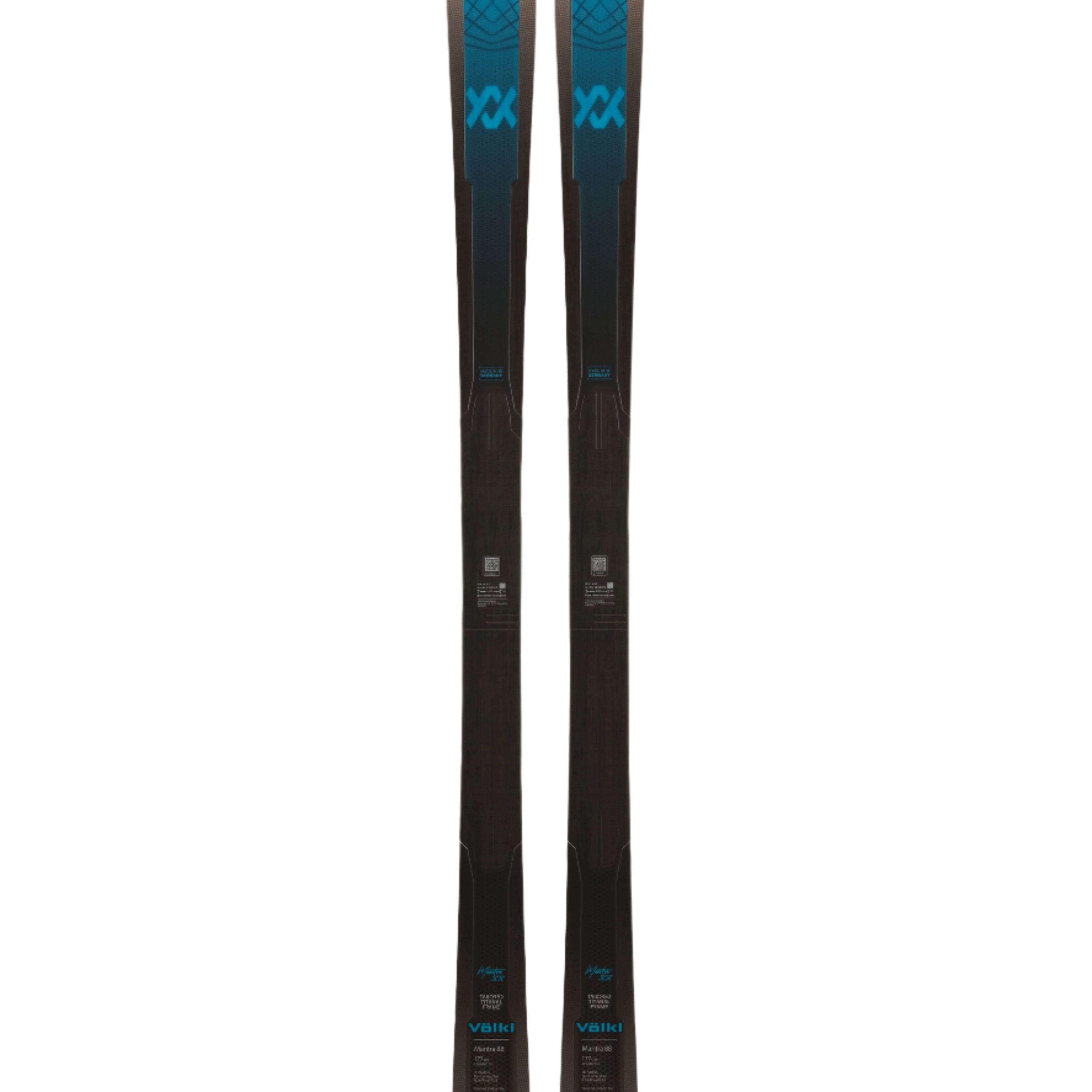 Völkl Mantra 88 Flat Skis 2025 - A pair of black skis with a blue logo on top, featuring a diamond pattern and a textured surface.