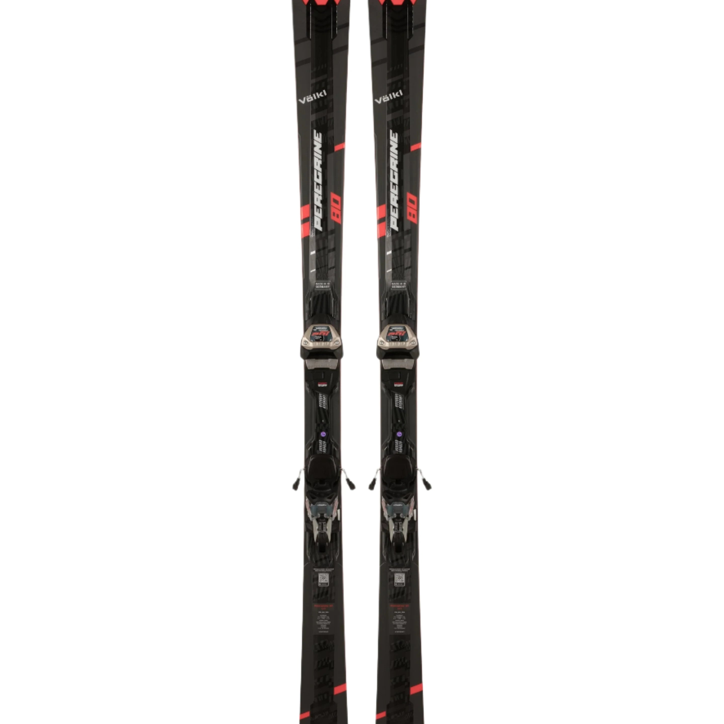 Völkl Peregrine 80 with Lowride 12 TCX Bindings - A black ski with red lettering and a white logo on top, featuring the word "Peregrine" in large letters.