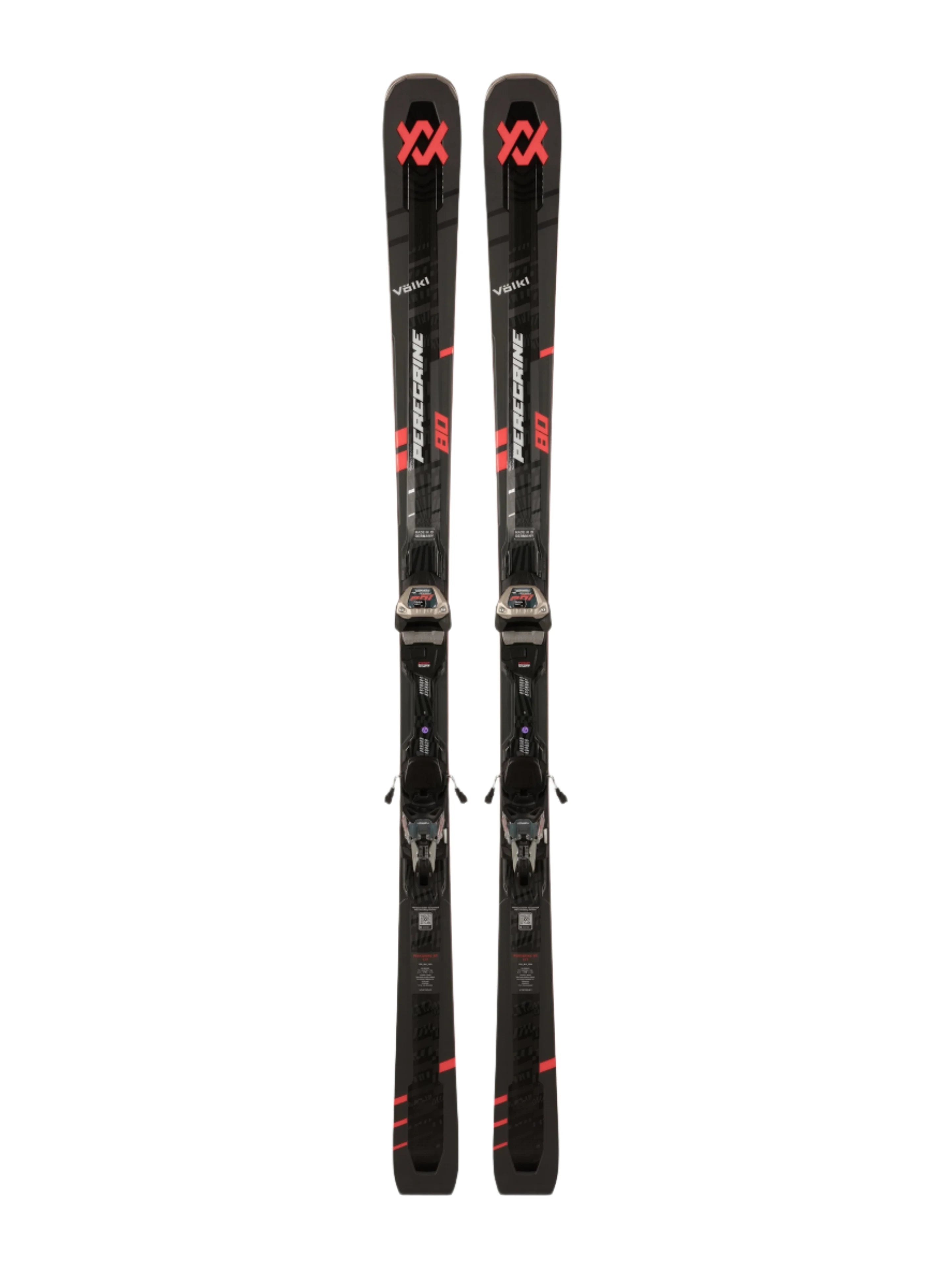 Völkl Peregrine 80 with Lowride 12 TCX Bindings - A black ski with red lettering and a white logo on top, featuring the word "Peregrine" in large letters.