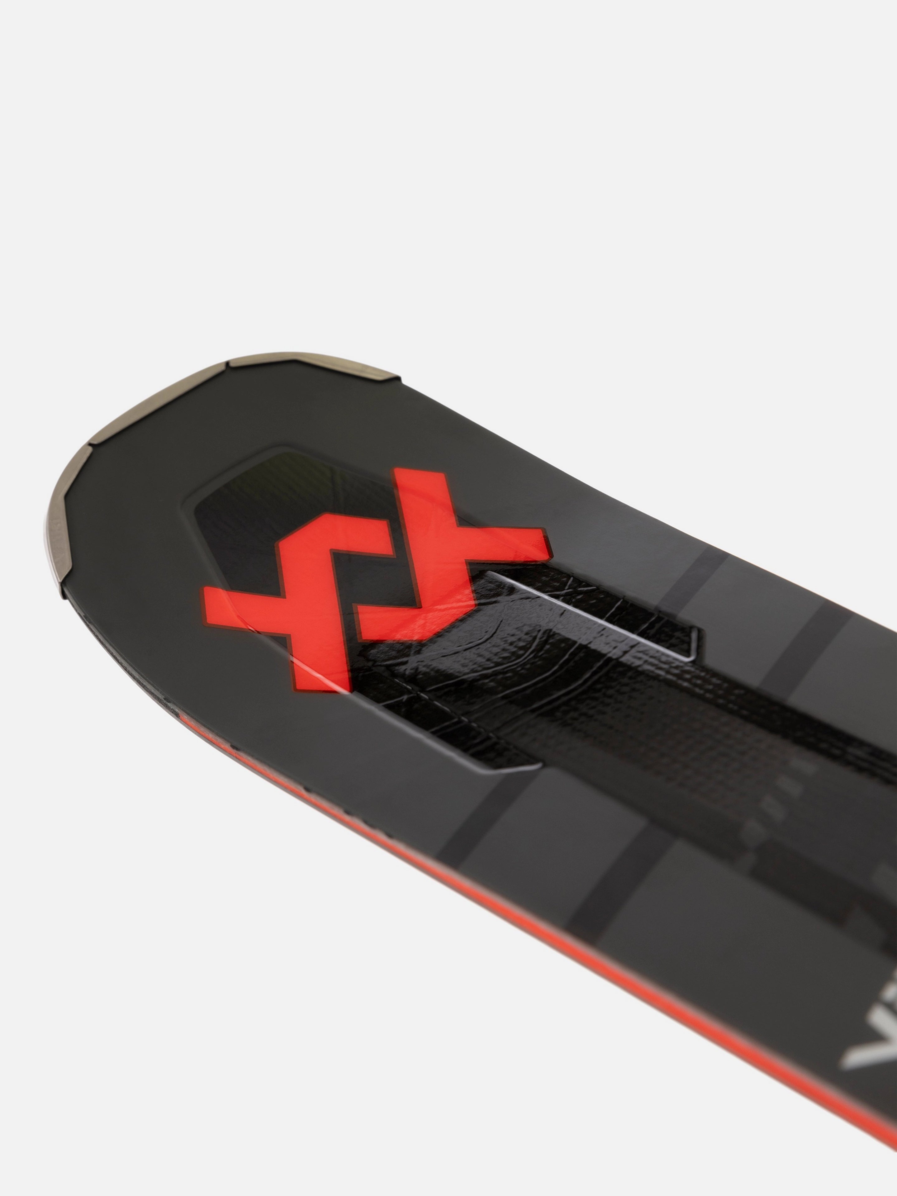 Völkl Peregrine 80 with Lowride 12 TCX Bindings - A black ski with a red logo and silver bindings.
