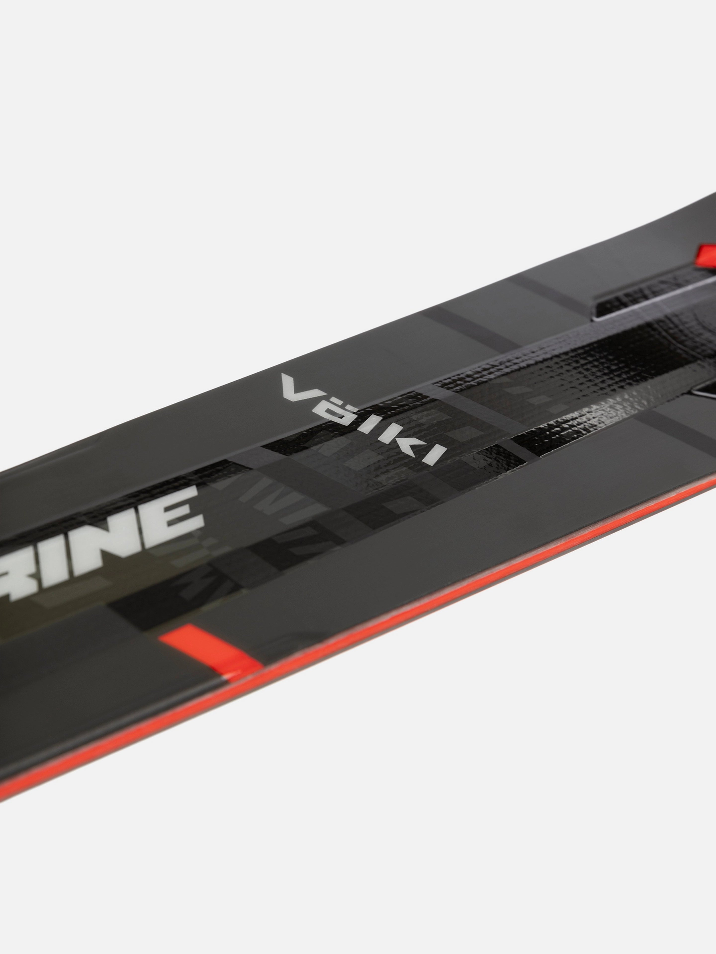 Völkl Peregrine 80 with Lowride 12 TCX Bindings - A black ski with a red stripe along its bottom edge, featuring white text and binding hardware.