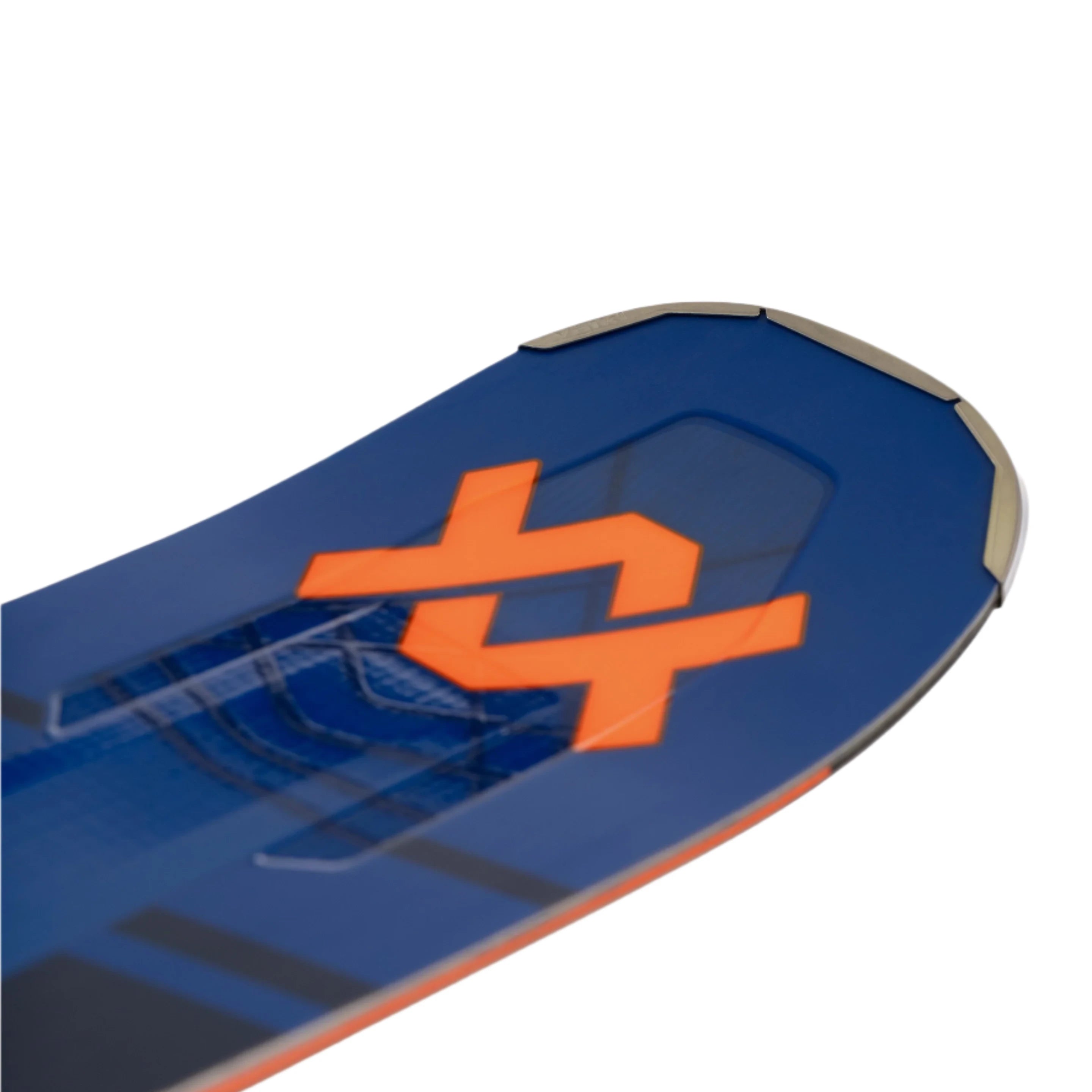Völkl Peregrine 82 Skis with Lowride 13FR Bindings - A pair of blue skis with a white logo and orange accents, featuring a distinctive pattern on the top sheet.