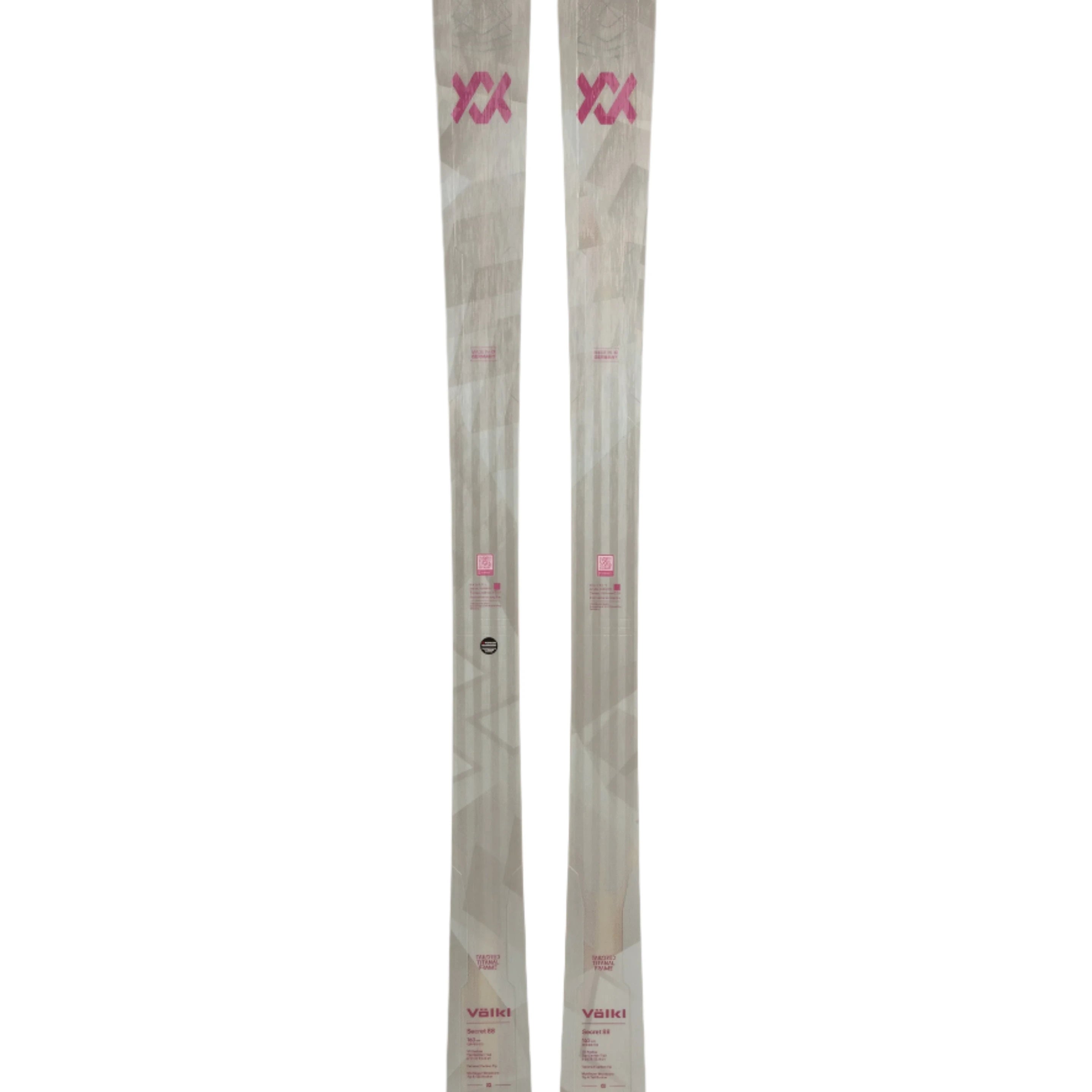 Völkl Women's Secret 88 Flat Skis 2025 - White skis with pink logo and text on top.