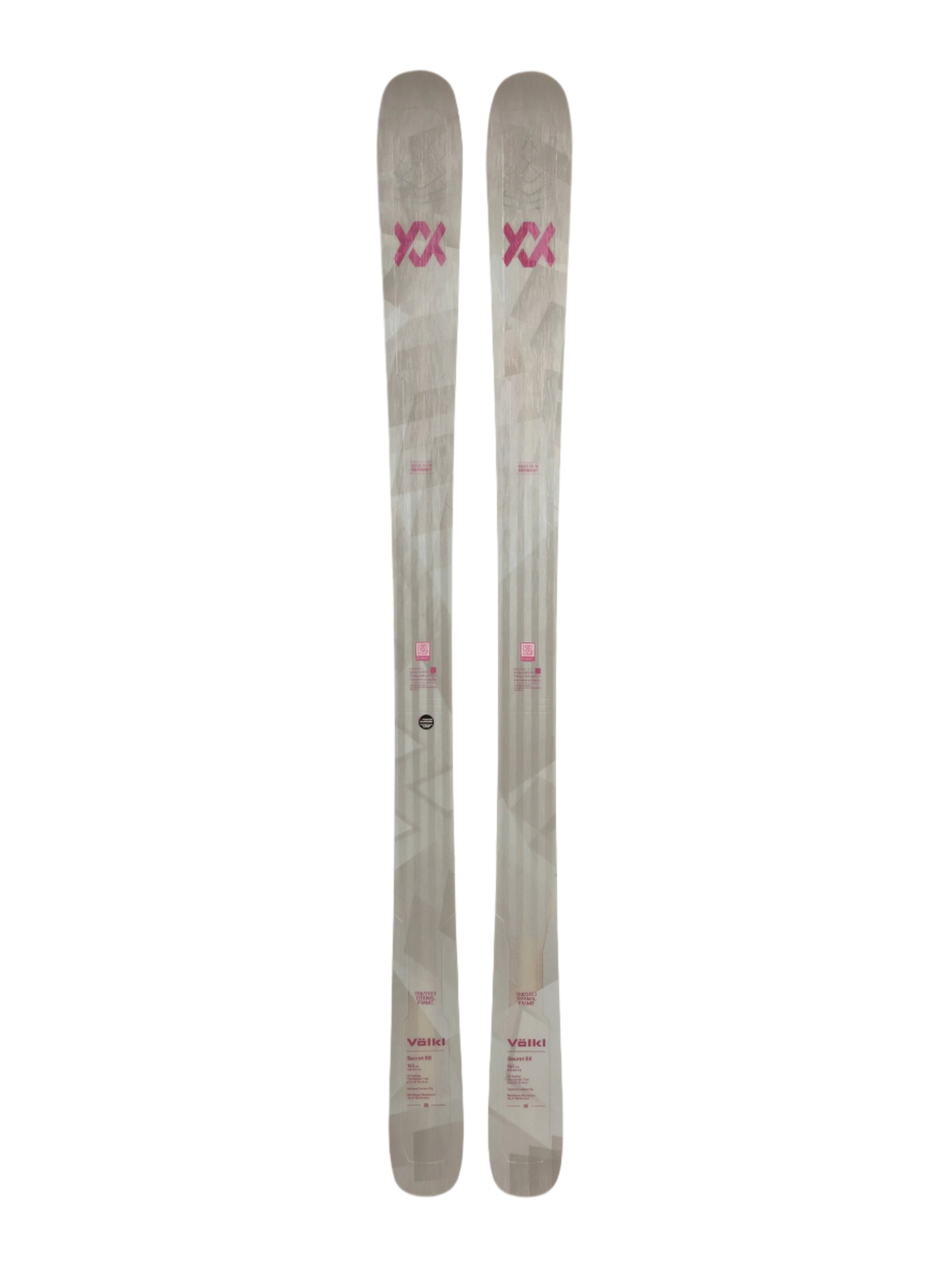 Völkl Women's Secret 88 Flat Skis 2025 - White skis with pink logo and text on top.