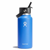 Hydro Flask 32oz Wide Mouth Bottle with Flex Straw - A blue water bottle with a black lid and straw, featuring a white logo on the front.