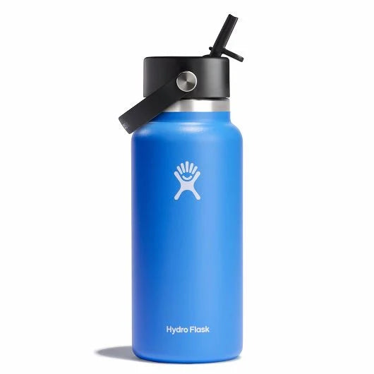 Hydro Flask 32oz Wide Mouth Bottle with Flex Straw - A blue water bottle with a black lid and straw, featuring a white logo on the front.