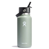 Hydro Flask 32oz Wide Mouth Bottle with Flex Straw - A sage green water bottle with a black lid and straw, featuring a white logo on the front.