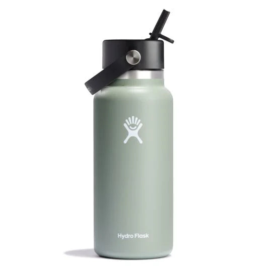 Hydro Flask 32oz Wide Mouth Bottle with Flex Straw - A sage green water bottle with a black lid and straw, featuring a white logo on the front.