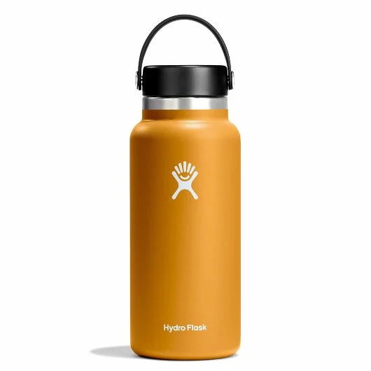 Hydro Flask 32oz Wide Mouth Water Bottle - A yellow water bottle with a black lid and white logo.