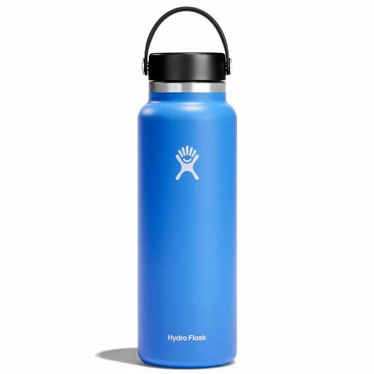 Hydro Flask 40oz Wide Mouth Water Bottle - A blue water bottle with a black lid and white logo.
