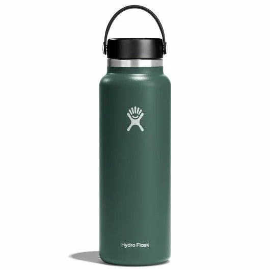Hydro Flask 40oz Wide Mouth Water Bottle - A dark green water bottle with a black lid and handle, featuring a white logo on the front.