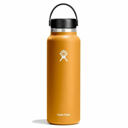 Hydro Flask 40oz Wide Mouth Water Bottle - A large, insulated water bottle with a wide mouth opening and black lid.