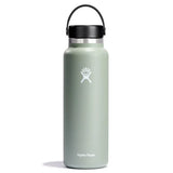Hydro Flask 40oz Wide Mouth Water Bottle - A sage green water bottle with a black lid and white logo.