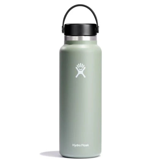 Hydro Flask 40oz Wide Mouth Water Bottle - A sage green water bottle with a black lid and white logo.