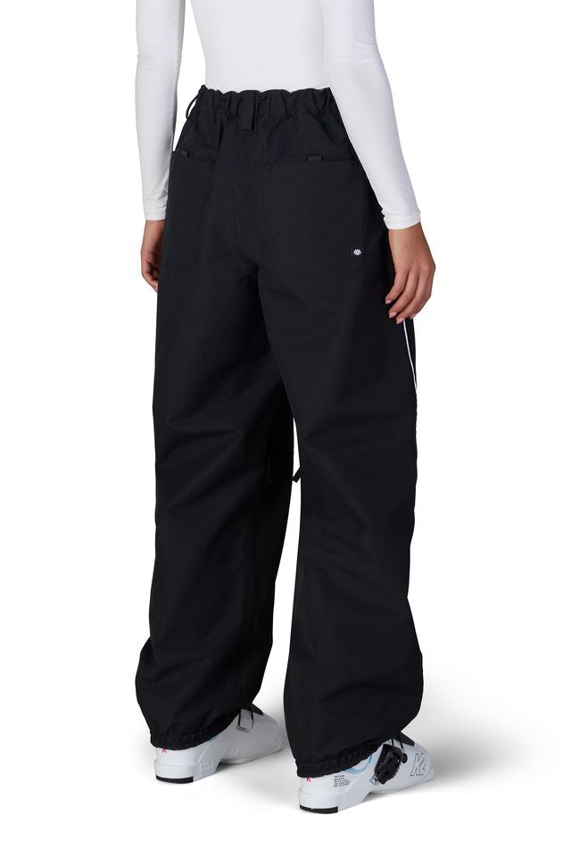Black wide-leg shell pants with elastic waistband and adjustable ankle cuffs
