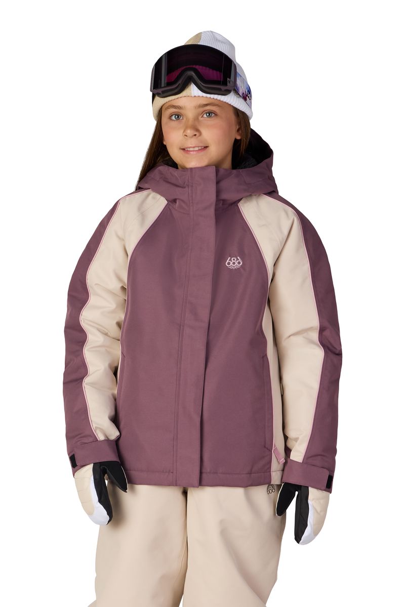 Girls' insulated hooded jacket, plum with beige sleeves and front zip