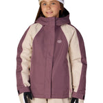 Girls' insulated hooded jacket, plum with beige sleeves and front zip