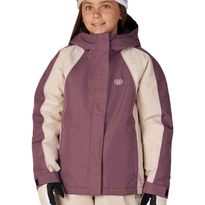 Girls' insulated hooded jacket, plum with beige sleeves and front zip