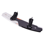 Hyperlite Junior's State 2.0 Package 2024 - A black and white wakeboard with orange lettering on top, featuring a black strap and binding.