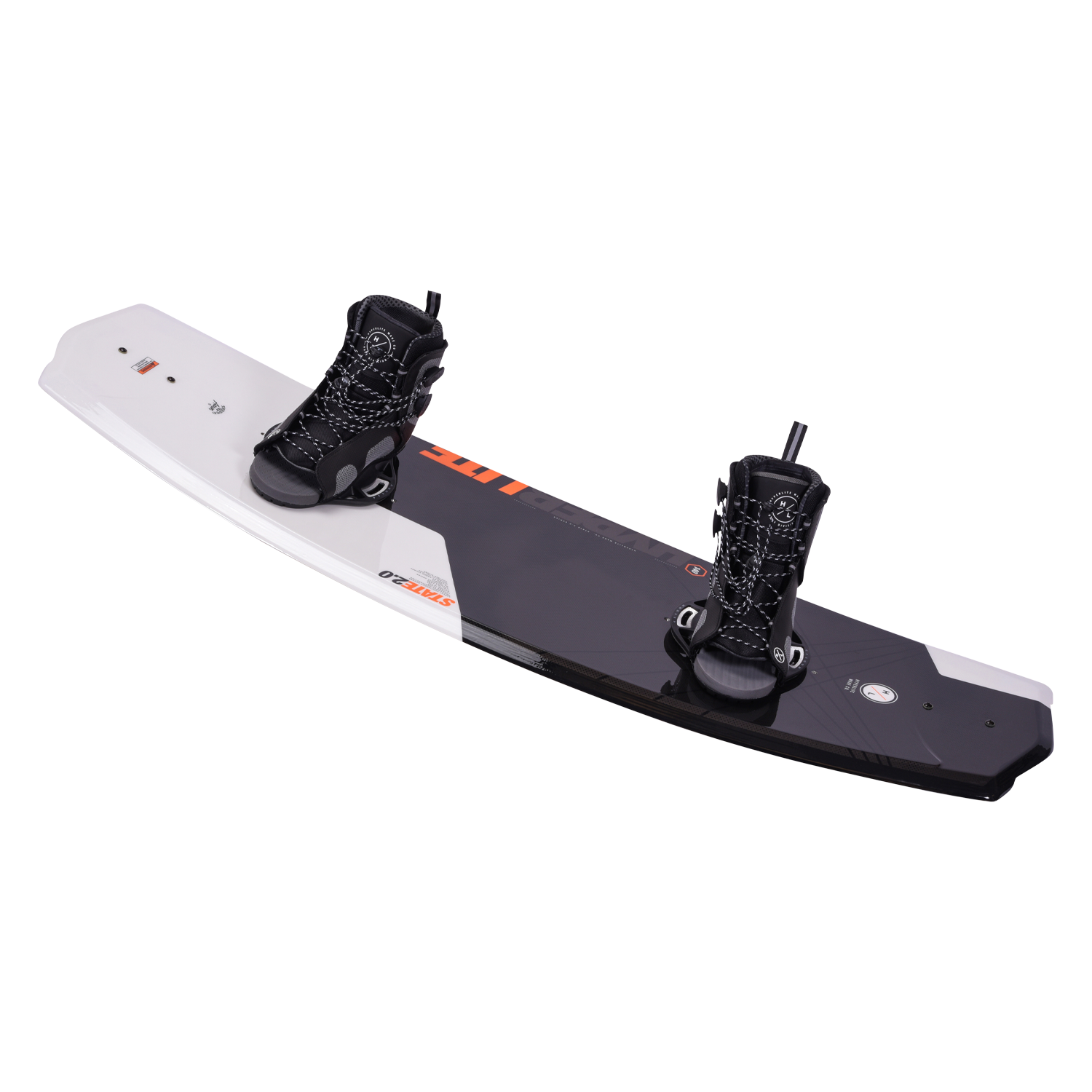 Hyperlite Junior's State 2.0 Package 2024 - A black and white wakeboard with orange lettering on top, featuring a black strap and binding.