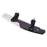 Hyperlite Junior's State 2.0 Package 2024 - A black and white wakeboard with orange lettering on top, featuring a black strap and binding.