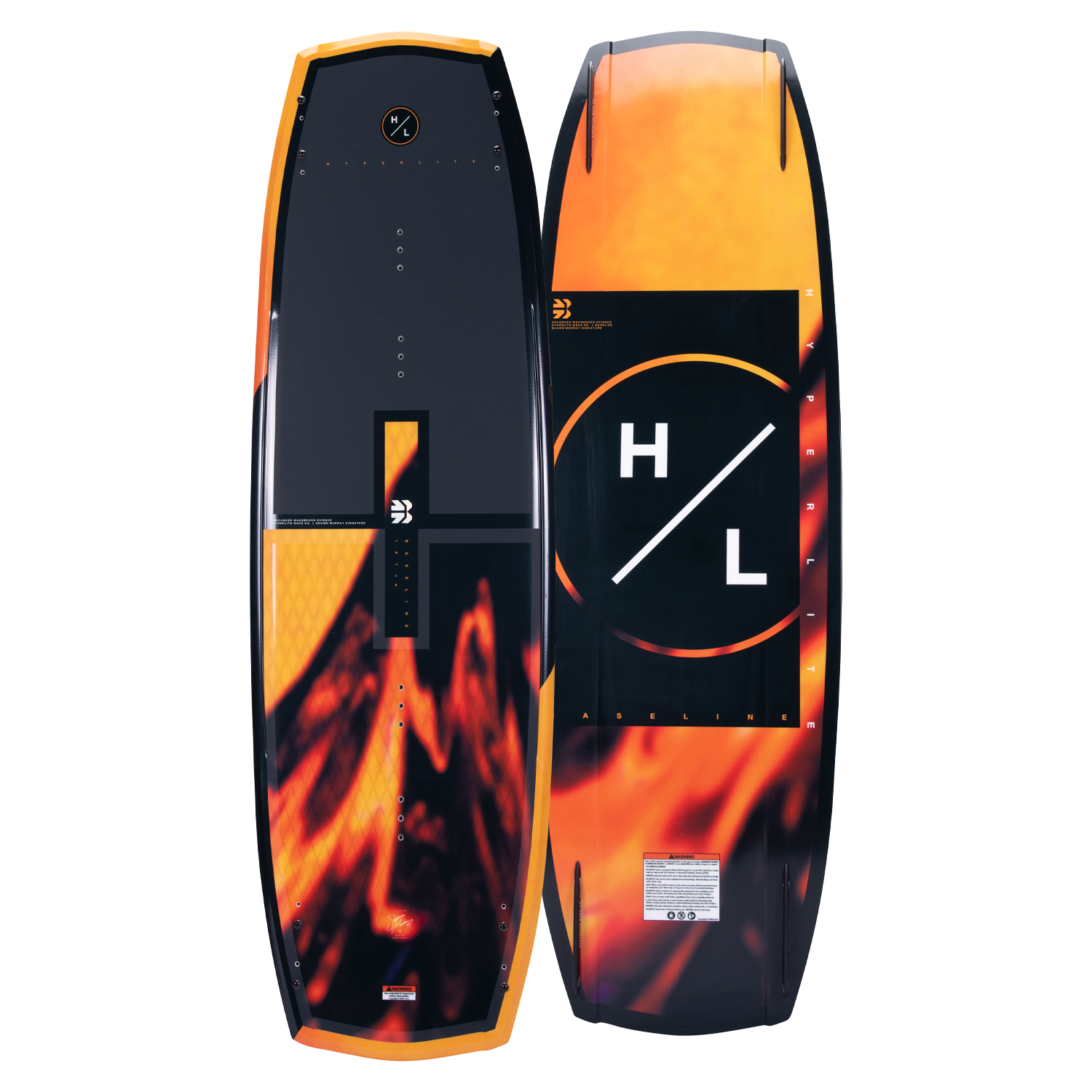 Hyperlite Baseline Wakeboard 2024 - A black wakeboard with a white logo and yellow accents on the top sheet.