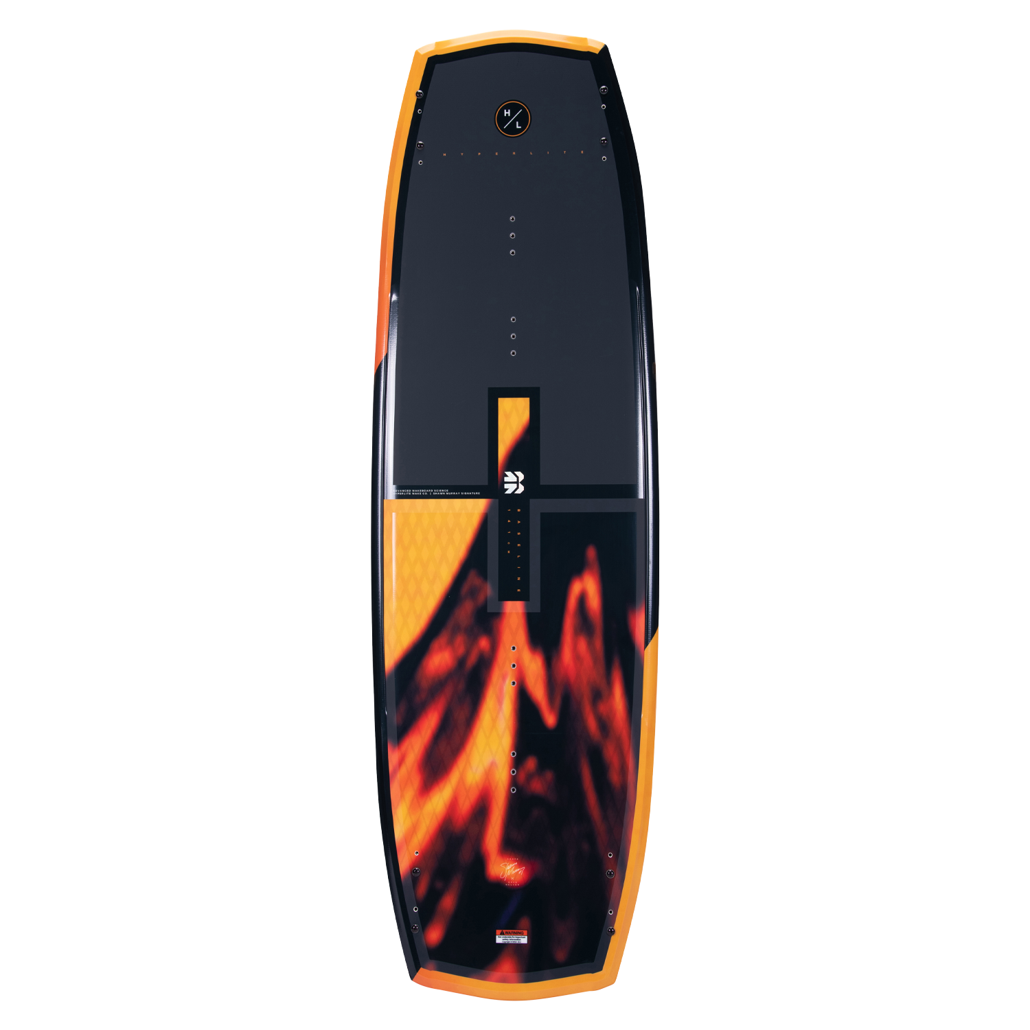 Hyperlite Baseline Wakeboard 2024 - A black wakeboard with a white logo and orange accents on the top and bottom.