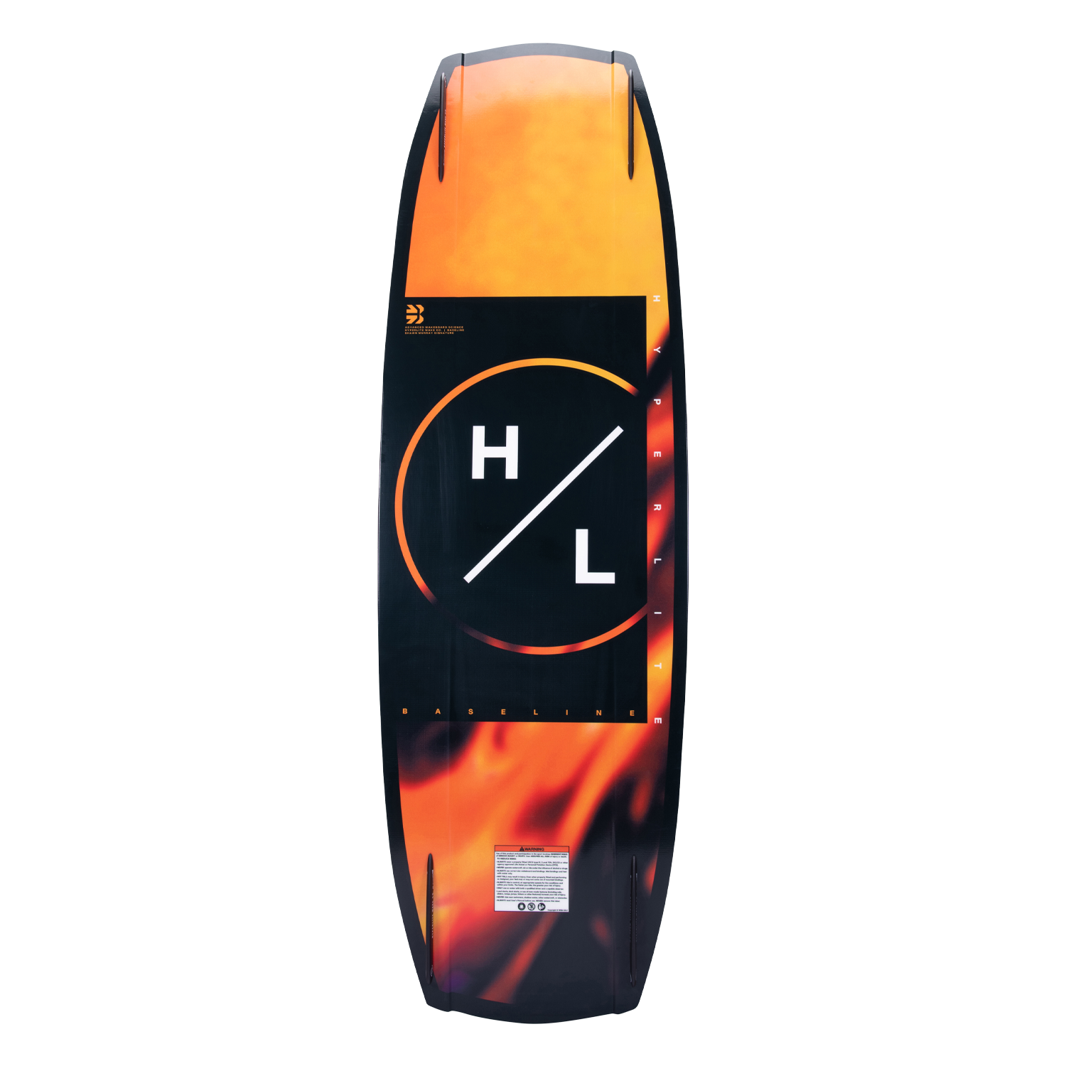 Hyperlite Baseline Wakeboard 2024 - A black wakeboard with a white logo and orange accents.