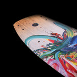 Hyperlite Women's Prizm Wakeboard 2024 - A white wakeboard with a blue and pink abstract design on its top side.