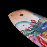 Hyperlite Women's Prizm Wakeboard 2024 - A white wakeboard with a blue and pink abstract design on its top side.
