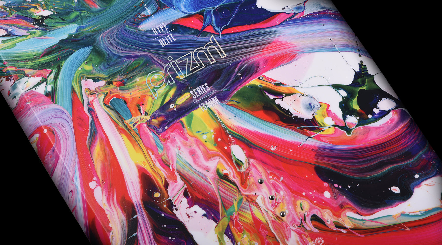 Hyperlite Women's Prizm Wakeboard 2024 - A women's wakeboard with a vibrant prismatic design featuring a mix of blue, green, and pink hues.