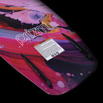 Hyperlite Women's Prizm Wakeboard 2024 - A pink and black wakeboard with a colorful abstract design on its top side.