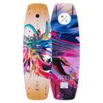 Hyperlite Women's Prizm Wakeboard 2024 - A women's wakeboard with a colorful abstract design featuring shades of pink, blue, and yellow.