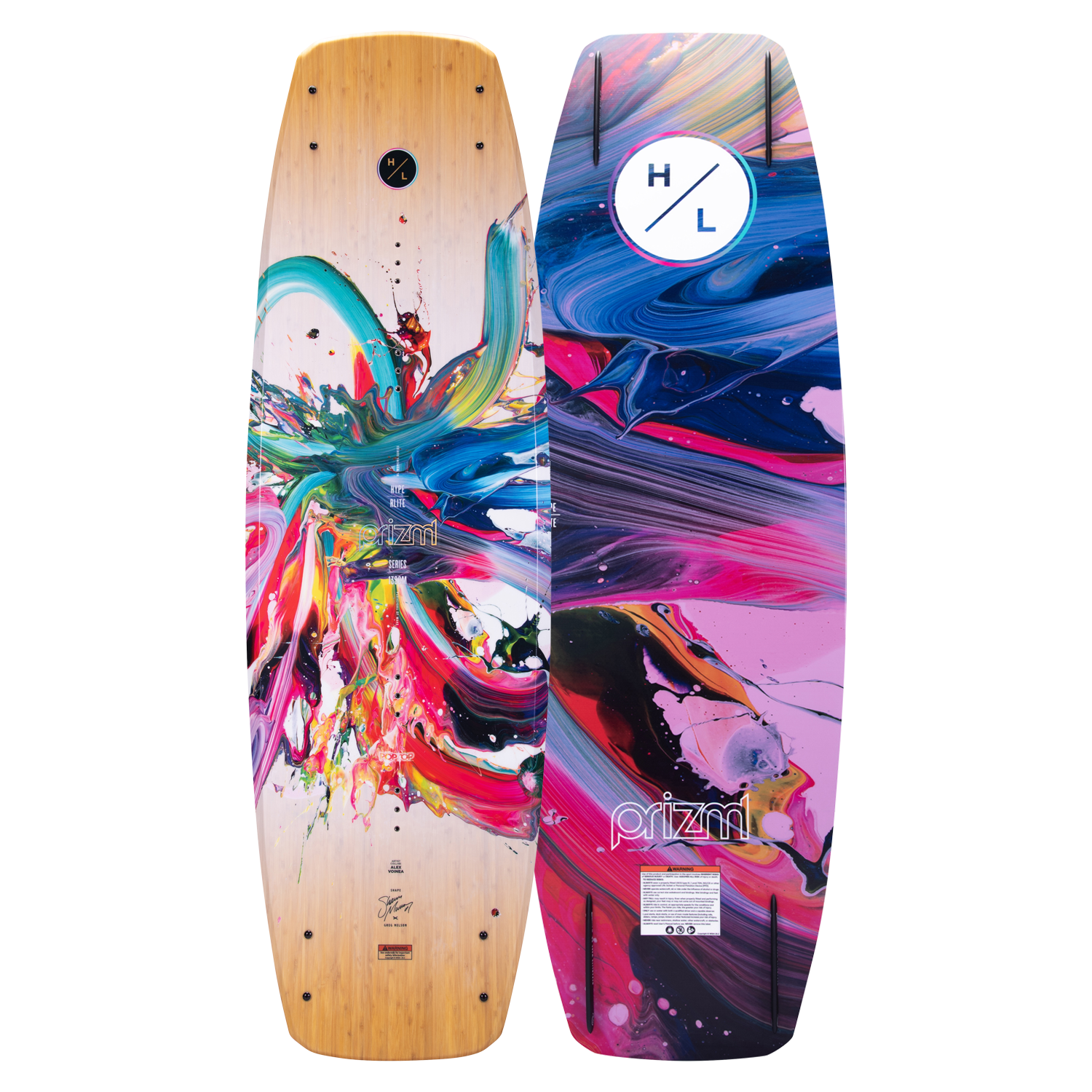 Hyperlite Women's Prizm Wakeboard 2024 - A women's wakeboard with a colorful abstract design featuring shades of pink, blue, and yellow.