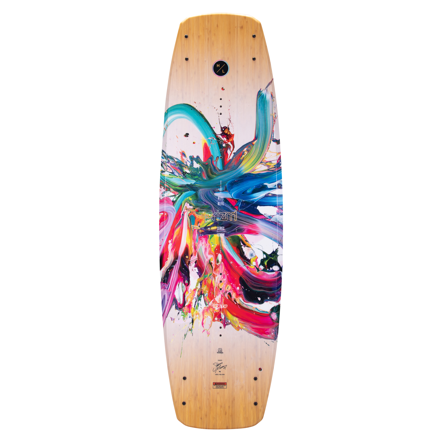 Hyperlite Women's Prizm Wakeboard 2024 - A women's wakeboard with a blue and pink abstract design on a white background.