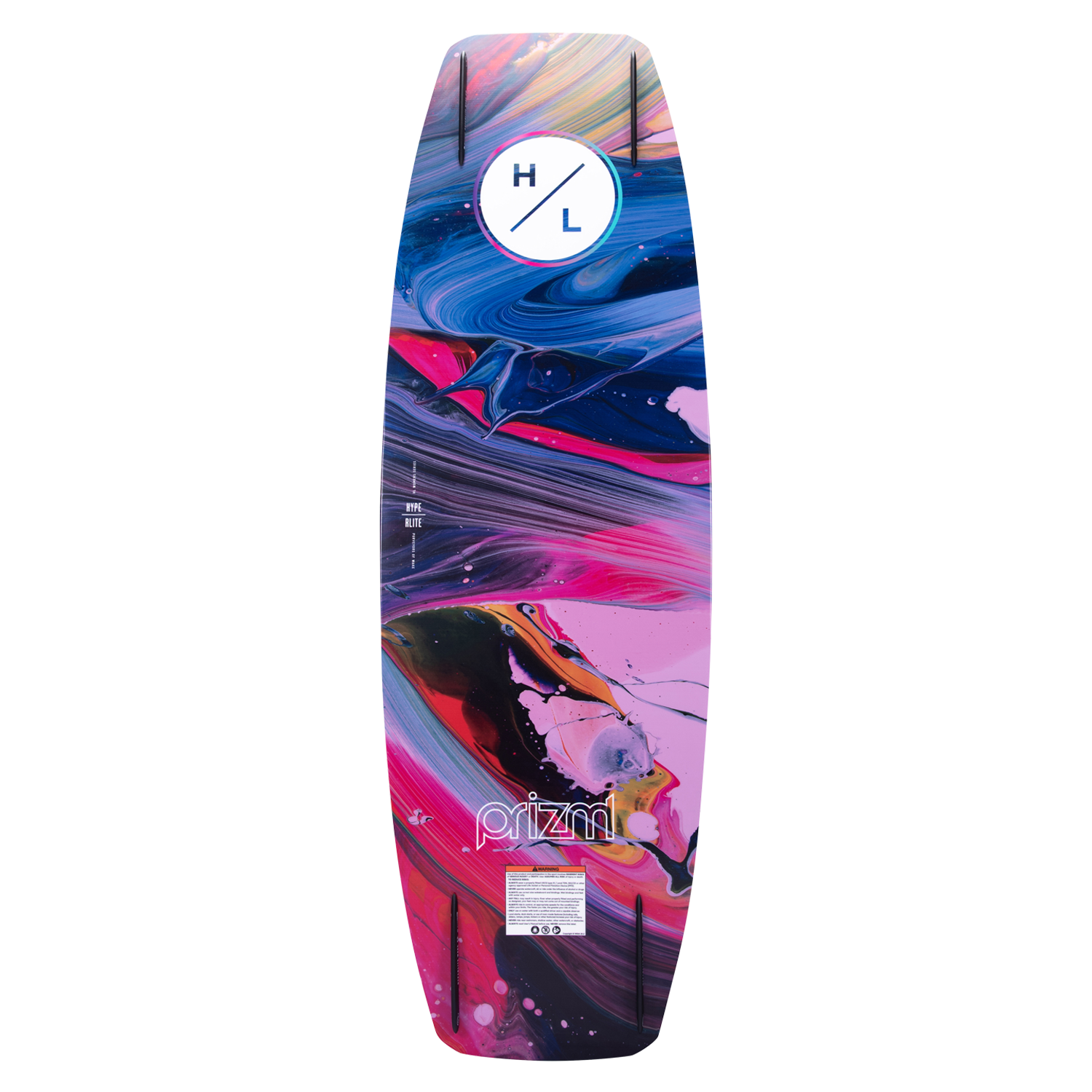 Hyperlite Women's Prizm Wakeboard 2024 - A blue, pink and purple wakeboard with a white logo featuring an "H" and a line through it.