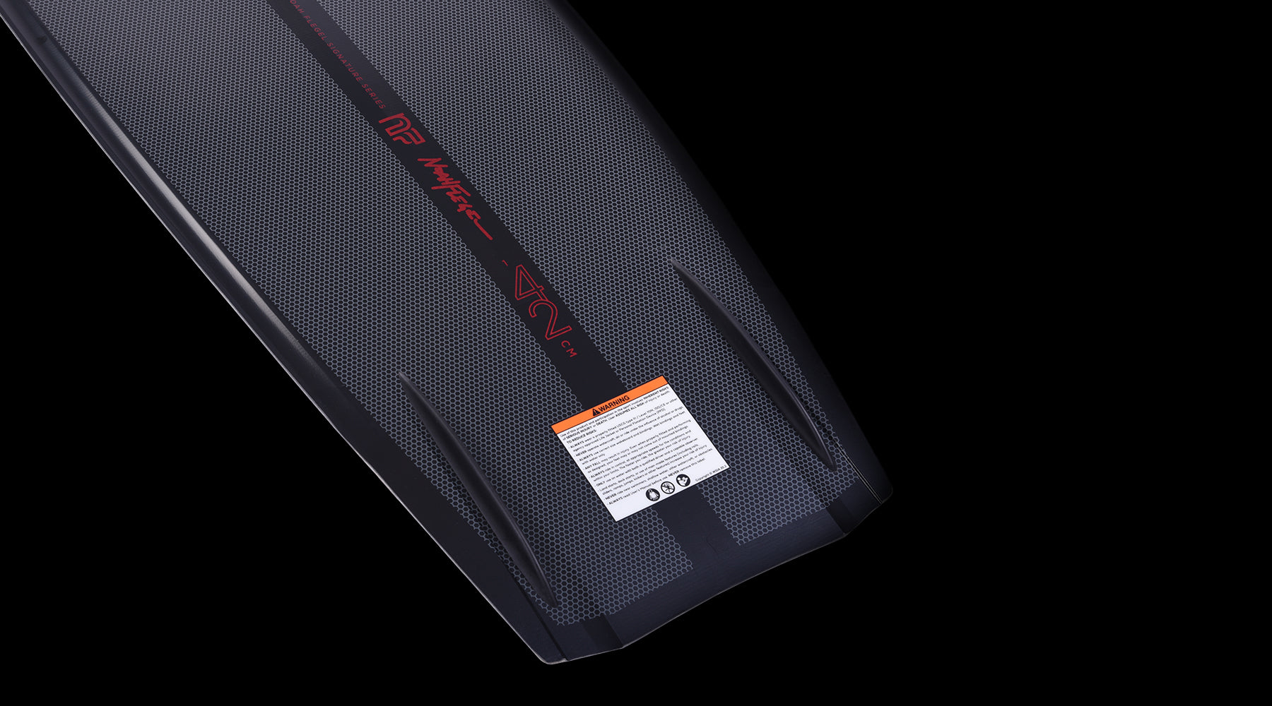 Hyperlite Riot Wakeboard 2024 - A black wakeboard with a red logo and white lettering on the top side.