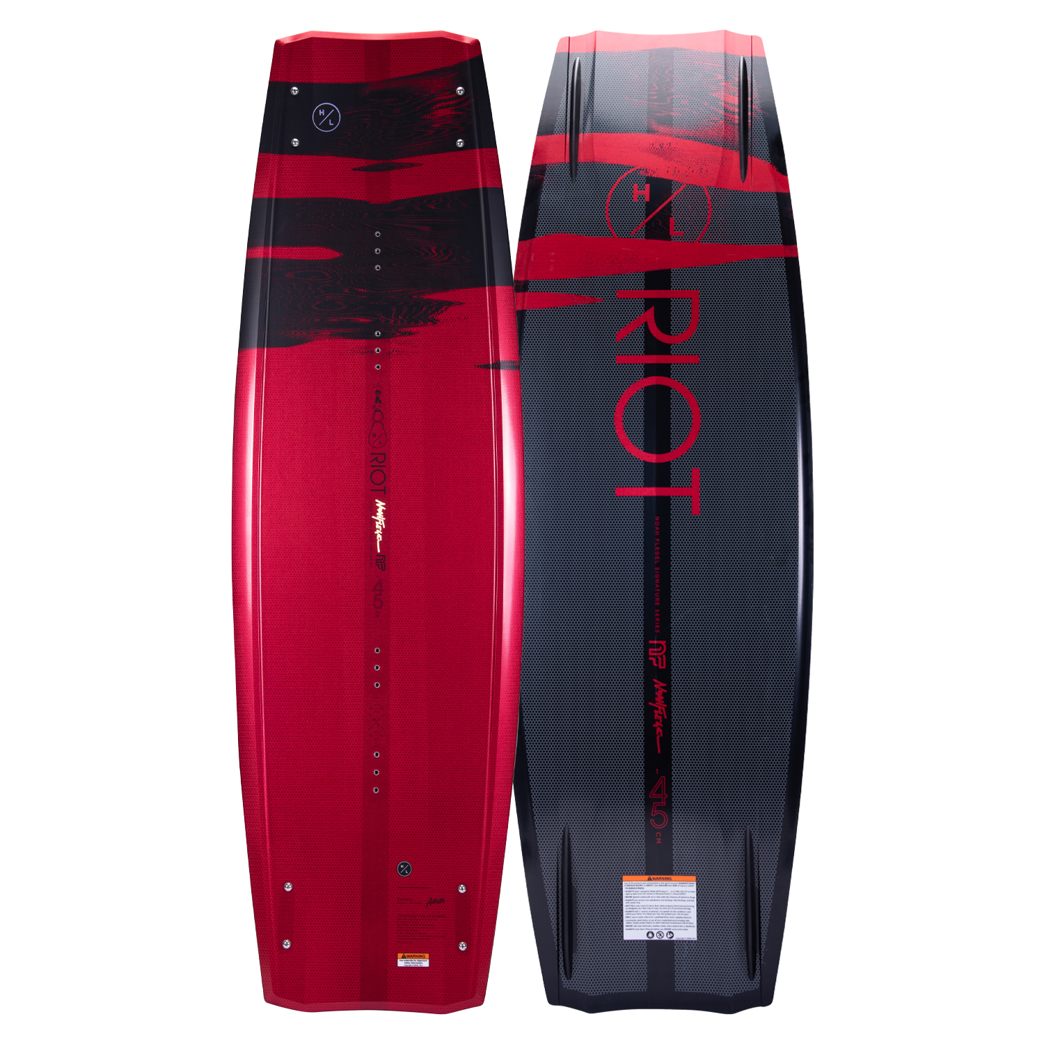 Hyperlite Riot Wakeboard 2024 - A red wakeboard with a black top and bottom sections, featuring a white logo on the top section.