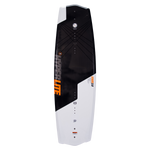 Hyperlite Junior's State 2.0 Package 2024 - A black and white wakeboard with orange lettering, featuring a diagonal pattern of thin lines on its top surface.