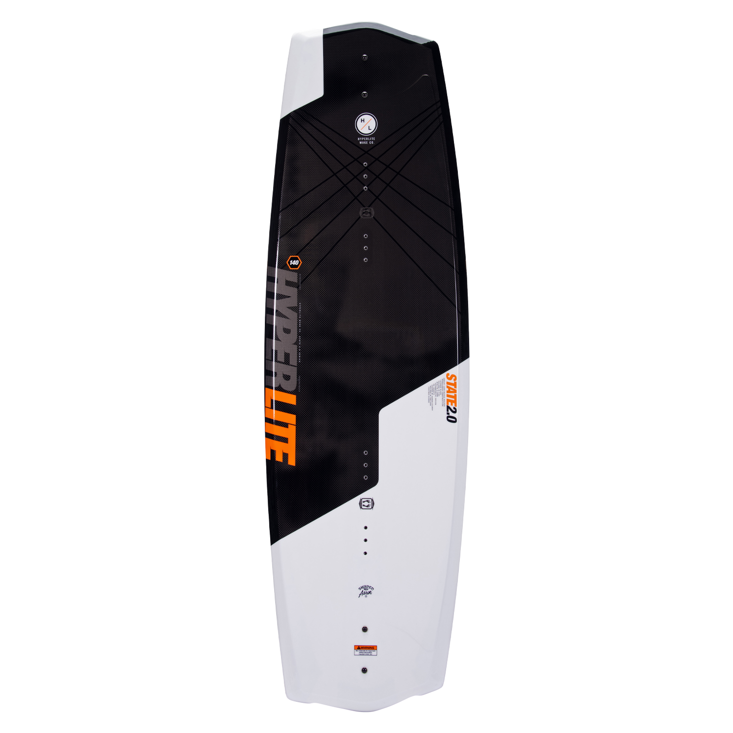 Hyperlite Junior's State 2.0 Package 2024 - A black and white wakeboard with orange lettering, featuring a diagonal pattern of thin lines on its top surface.