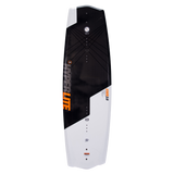 Hyperlite Junior's State 2.0 Package 2024 - A black and white wakeboard with orange lettering, featuring a diagonal pattern of thin lines on its top surface.