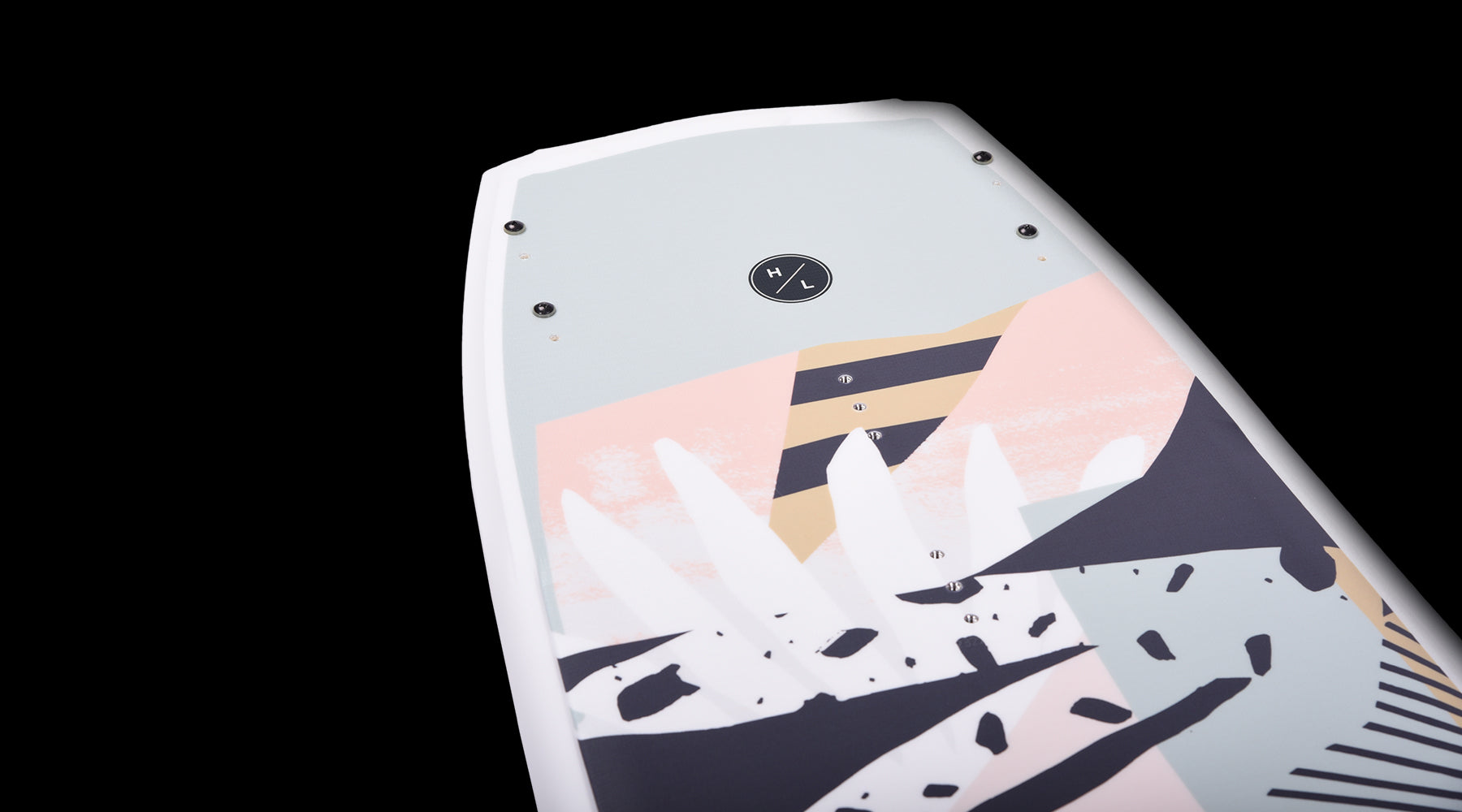 Hyperlite Venice Wakeboard 2024 - A light blue wakeboard with a white and navy abstract design on top of a pink background.