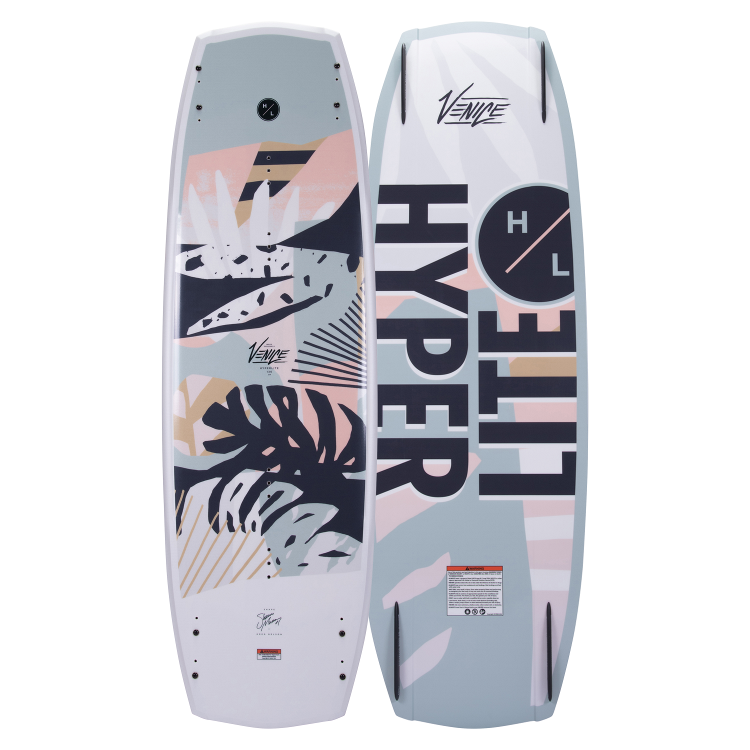 Hyperlite Venice Wakeboard 2024 - A light blue wakeboard with a pink and white abstract design, featuring black lines and shapes.