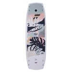 Hyperlite Venice Wakeboard 2024 - A light blue wakeboard with a pink and tan abstract design, featuring dark navy shapes and lines.